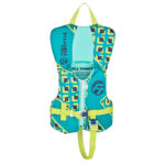 Colorful infant life jacket with geometric pattern.