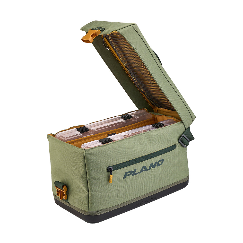 Green Plano storage bag with compartments open.