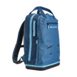 Blue backpack with multiple zippers and handles