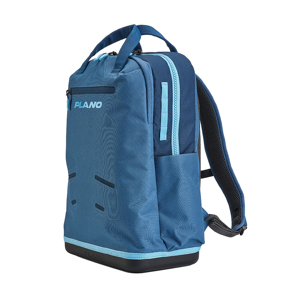 Blue Plano backpack with multiple compartments.