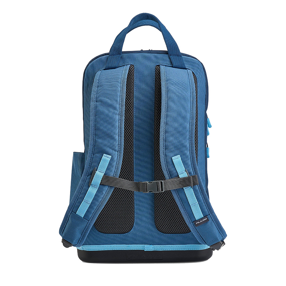 Blue backpack with padded straps and handles.