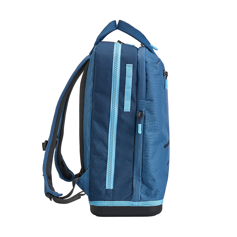 Blue backpack with multiple pockets and zippers.