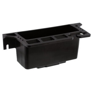 Black plastic automotive battery tray replacement part.