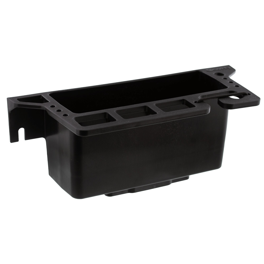 Black plastic automotive battery tray replacement part.
