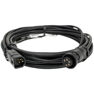 Black six-pin power cable coiled on white background.