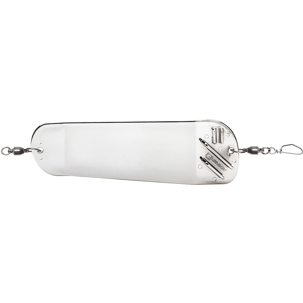 Silver fishing flasher with swivels and clips.