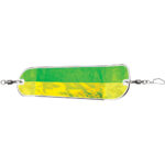 Green yellow reflective fishing lure with hooks.