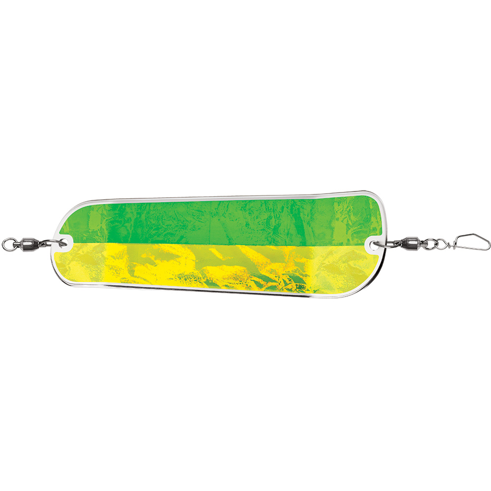 Green yellow reflective fishing lure with hooks.