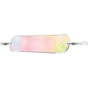 Colorful fishing dodger with swivels on ends.