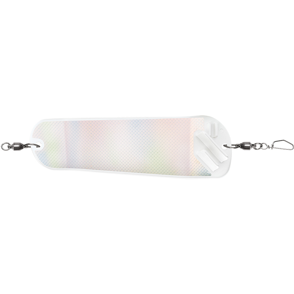 Holographic fishing lure with metal swivel attachments.