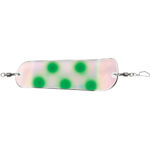 Fishing lure with green dots on white background.
