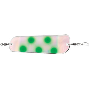 Fishing lure with green dots on white background.