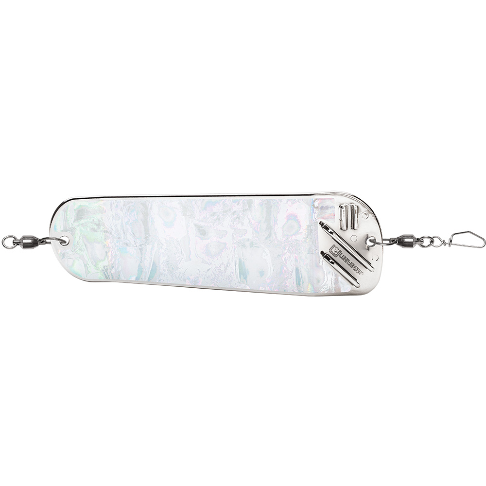 Silver reflective fishing dodger with swivels.