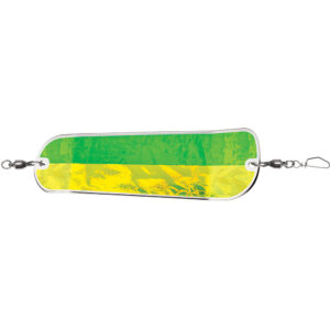 Green and yellow fishing lure with swivels.