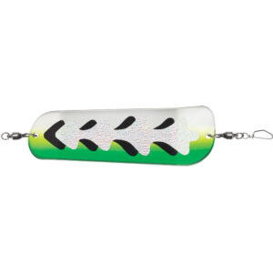 Fishing lure with green and black patterns.