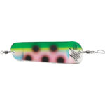 Colorful fishing lure with metal attachments.