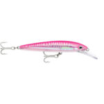 Pink fishing lure with treble hooks.
