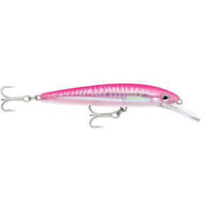 Pink fishing lure with treble hooks.
