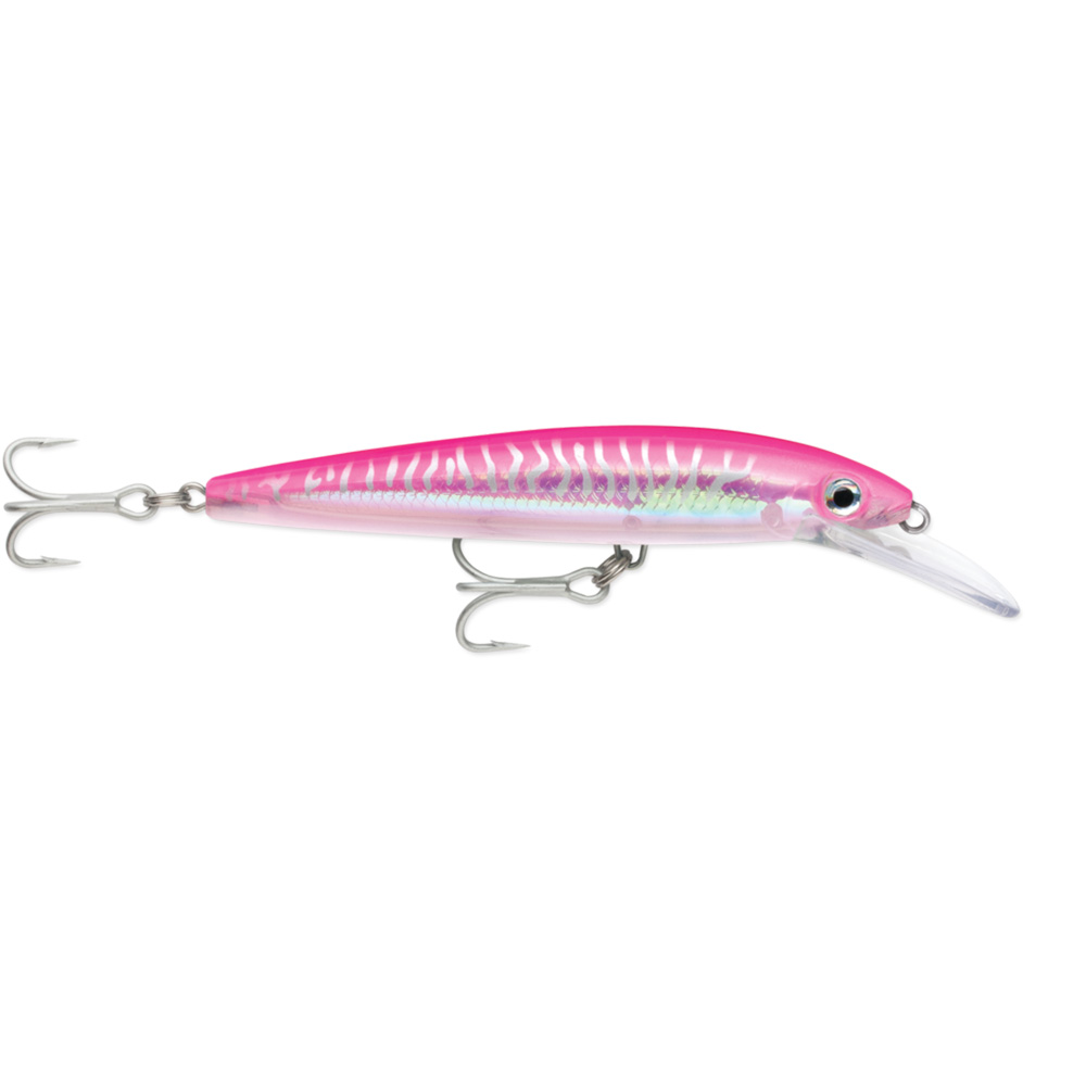 Pink fishing lure with treble hooks.