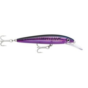 Purple and black fishing lure with hooks.