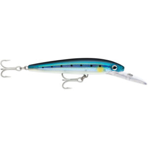 Blue fishing lure with hooks and transparent lip.