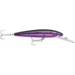 Purple fishing lure with treble hooks