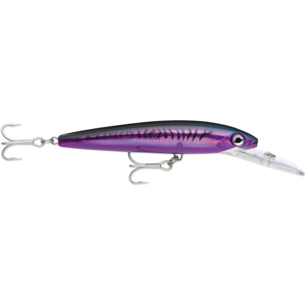 Purple fishing lure with treble hooks