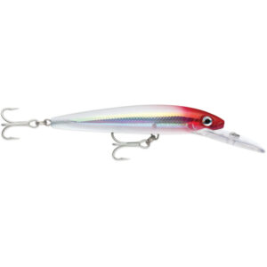 Fishing lure with metallic scales and hooks.