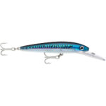 Blue fishing lure with treble hooks.