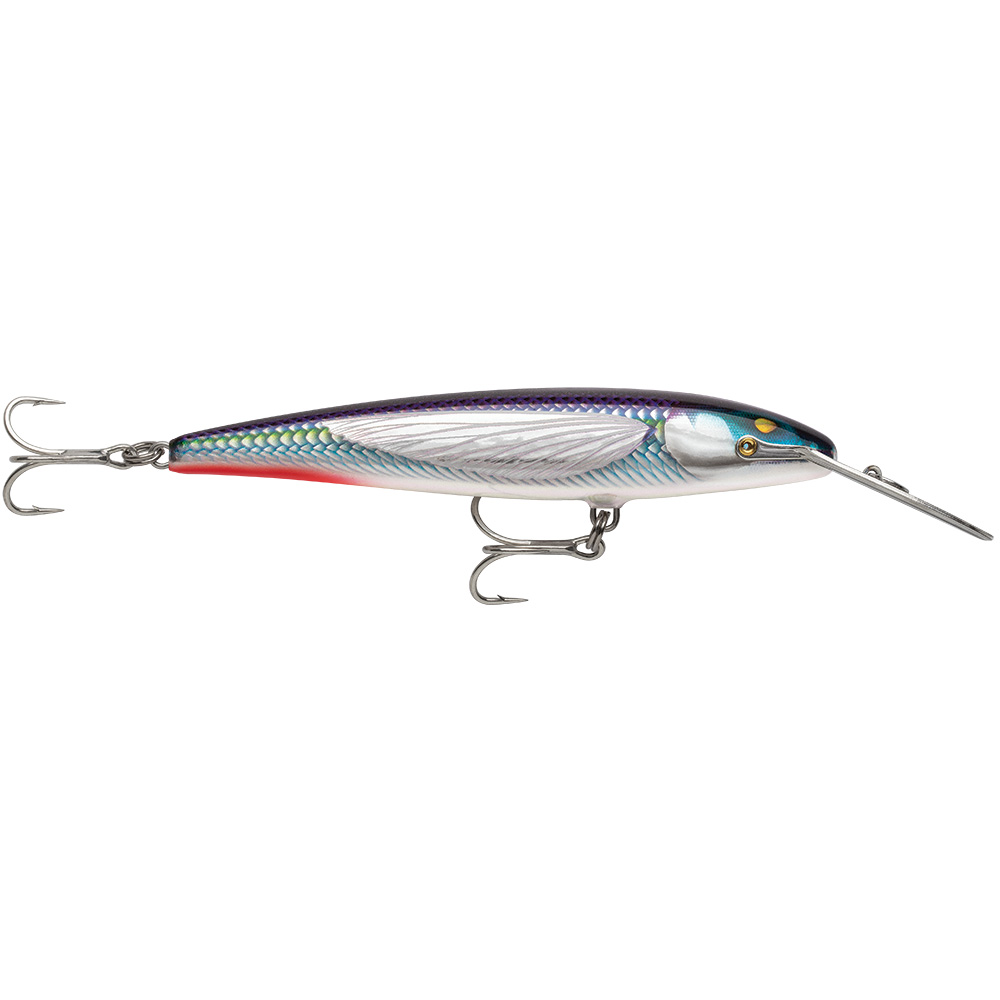 Colorful fishing lure with treble hooks.