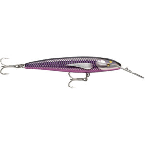 Purple and silver fishing lure with hooks.