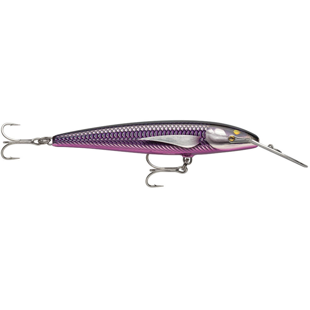 Purple and silver fishing lure with hooks.