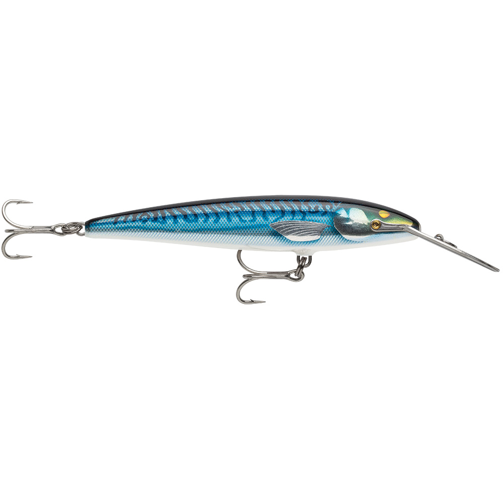 Blue fishing lure with treble hooks
