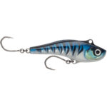 Blue and silver fishing lure with hooks