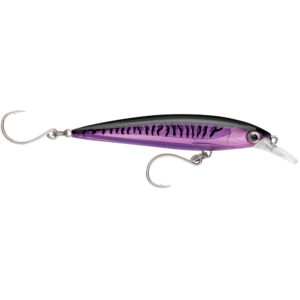 Purple and black fishing lure with hooks
