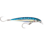 Colorful fish-shaped fishing lure with hooks.