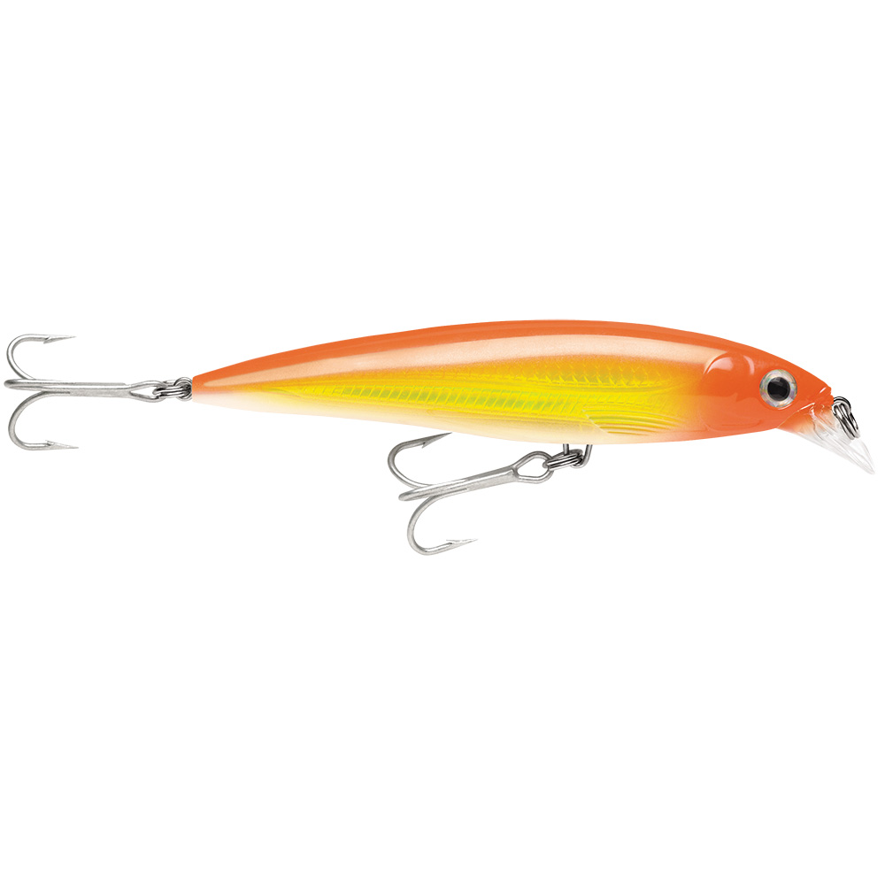 Orange and yellow fishing lure with treble hooks