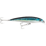 Blue fishing lure with hooks on white background.