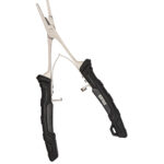 Fishing pliers with black rubber grip handles.