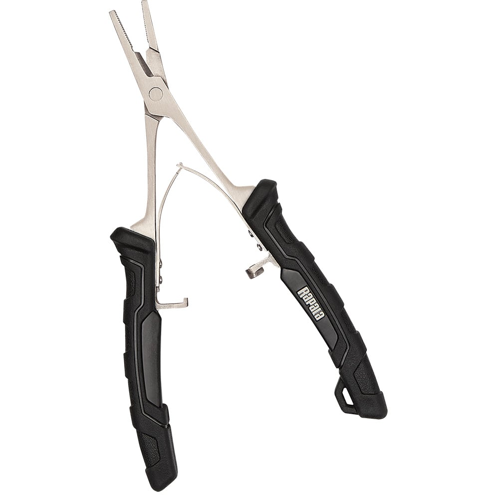 Fishing pliers with black rubber grip handles.