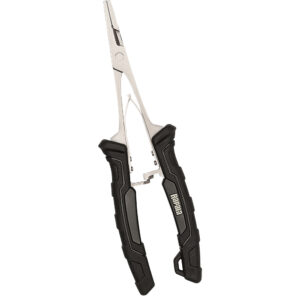 Stainless steel fishing pliers with black grips.