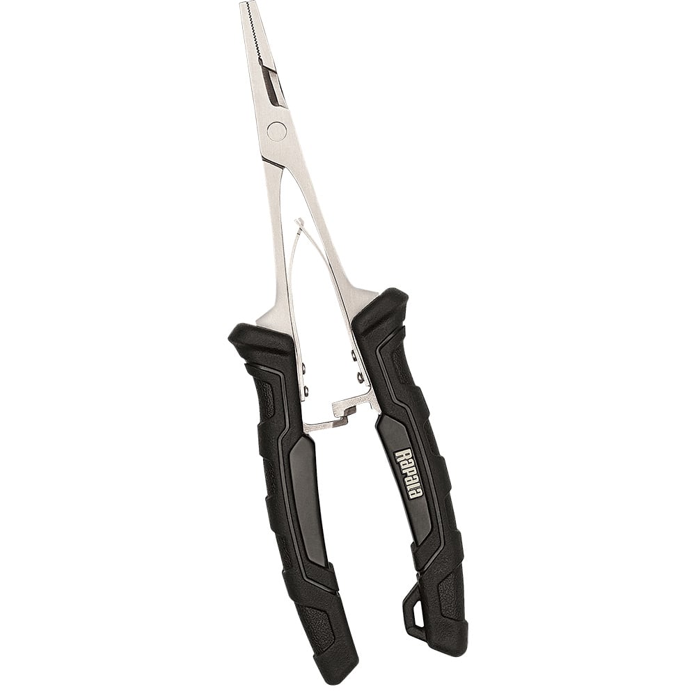 Stainless steel fishing pliers with black grips.