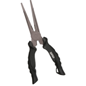 Black handled needle nose pliers.