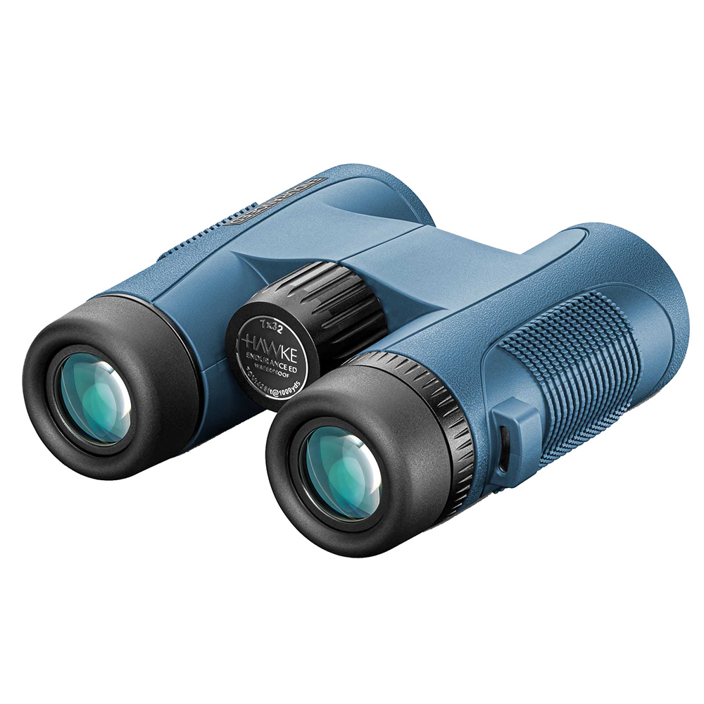 Blue binoculars with textured grips, front view.