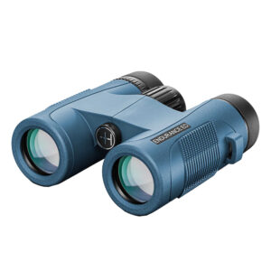Blue compact binoculars with textured grip.