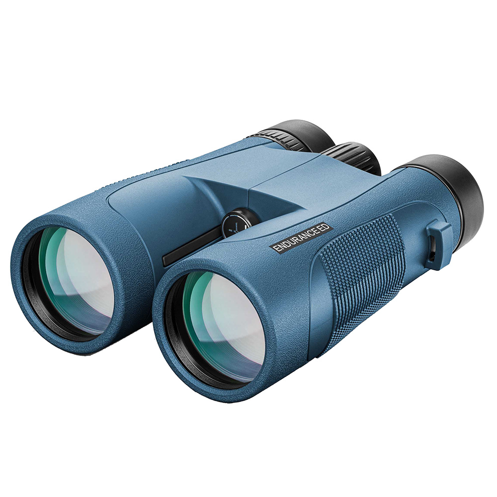 Blue binoculars, Endurance ED model, side view.