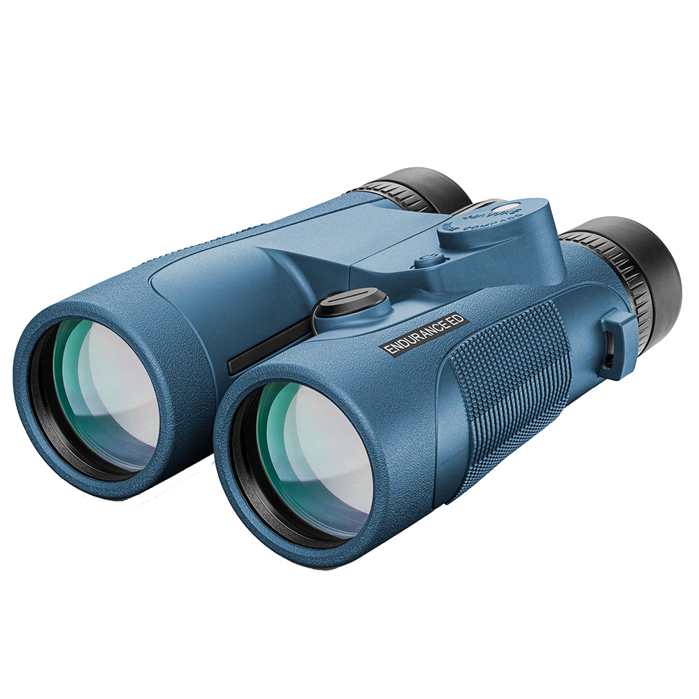 Blue binoculars with textured grip and branding.