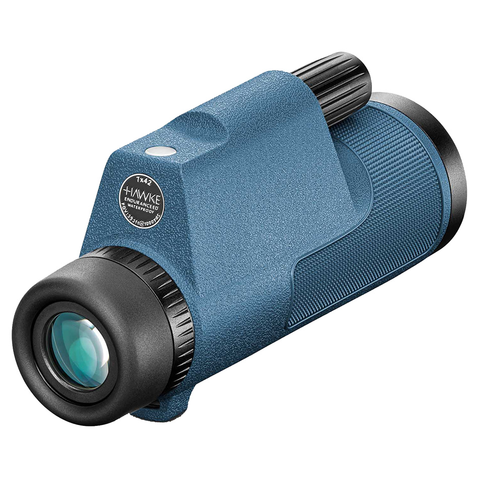Blue monocular telescope with textured grip.