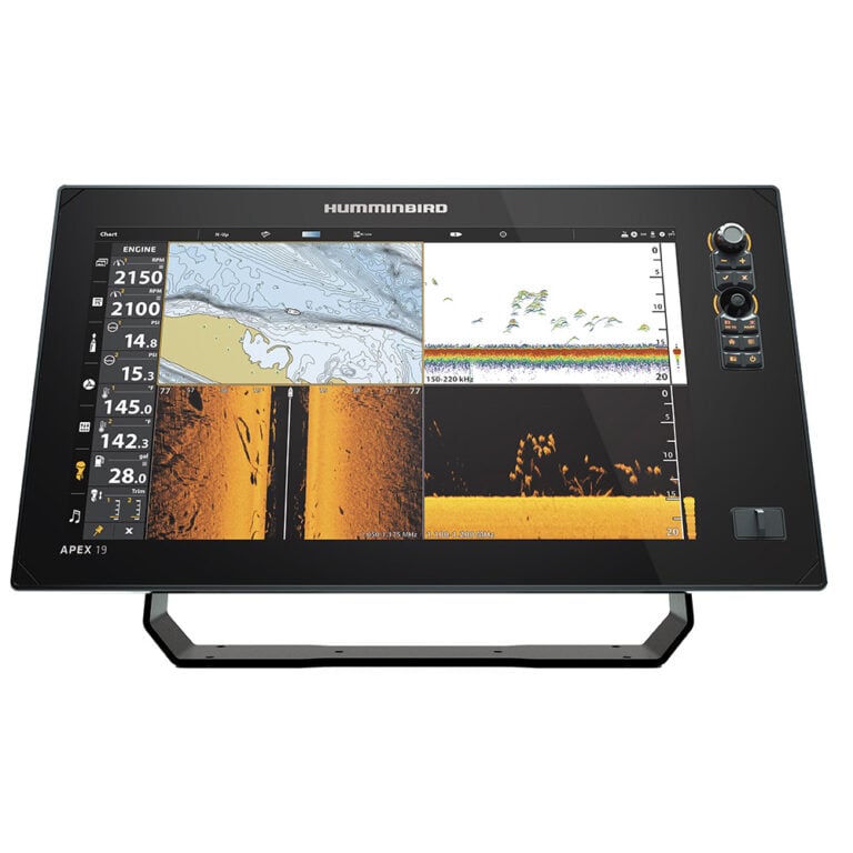 Fishfinder display with sonar and navigation data.