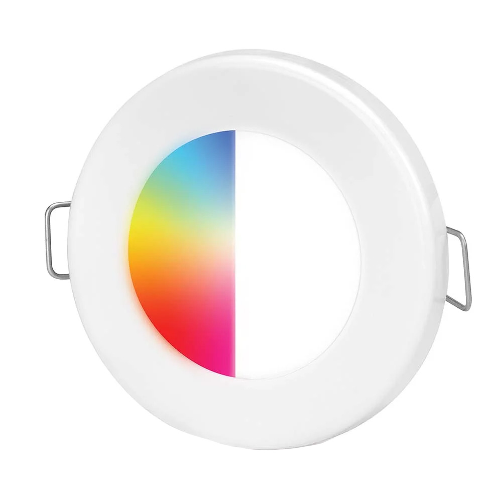 Color-changing LED ceiling light with mounting handles.